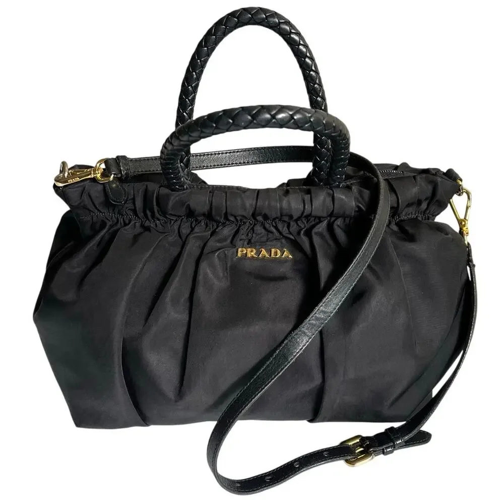 PRADA Authentic Tessuto Gaufre Ruched Nylon Satchel Handbag Black Gold Crossbody